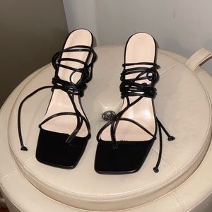 Trendy Black Square Lace Up Heels